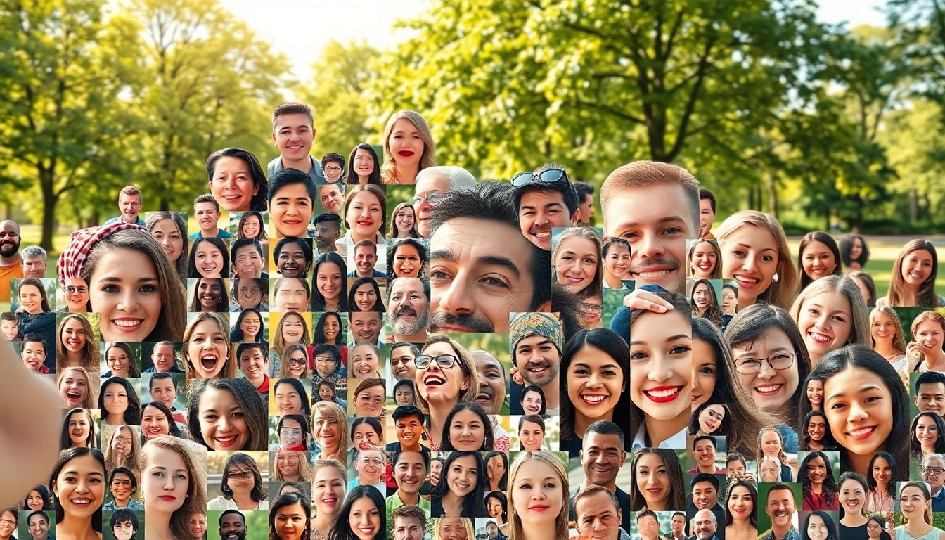 Artistic selfie mosaic showcasing diverse emotions and backgrounds, celebrating self-expression.