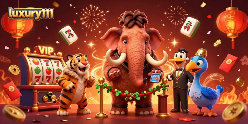 Experience the thrill of luxury111 with a vibrant 3D casino scene featuring exciting slot machines and dynamic characters.
