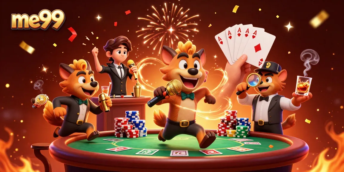 Experience the excitement of me99 with hyenas in a vibrant casino setting, showcasing poker thrills.