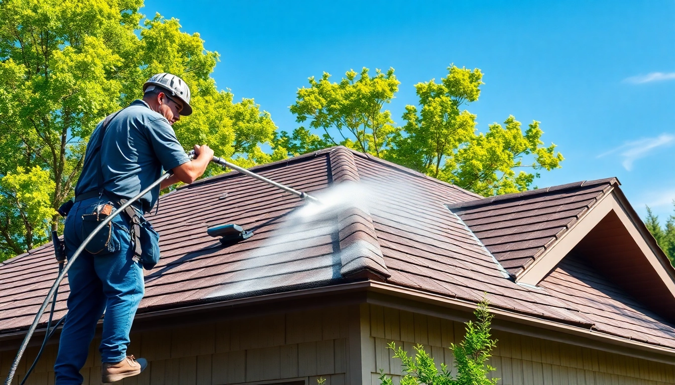 Roof Cleaning service in action showcasing transformation of a home's roof brightness.