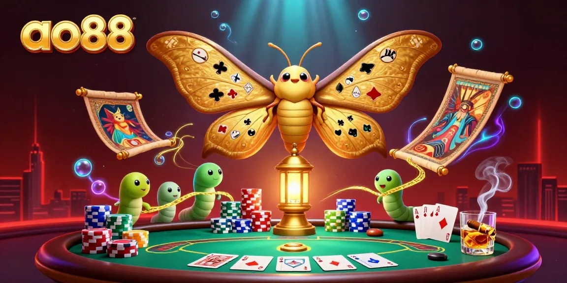 Experience the thrill of ao88 with a vibrant casino scene featuring golden-winged moths and poker elements.