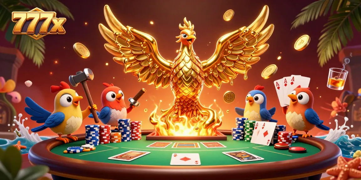 Experience the thrill of 777x with a golden phoenix and poker elements in vibrant casino scene.