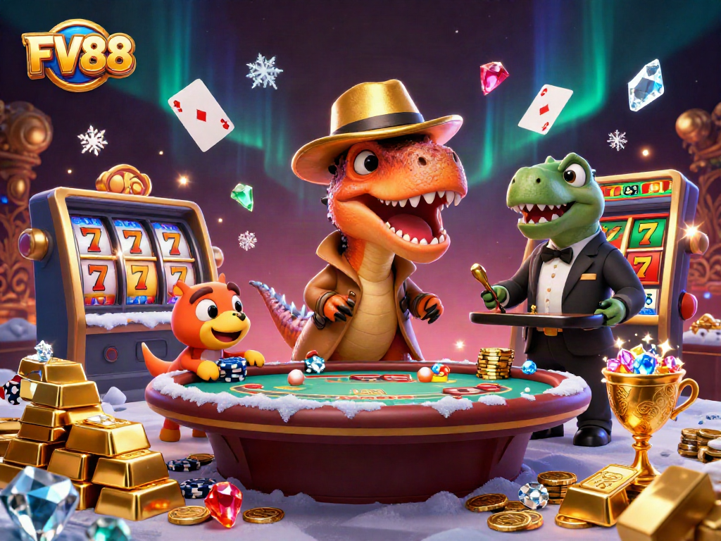 Experience FV88 excitement with a velociraptor card counter at a vibrant blackjack table.