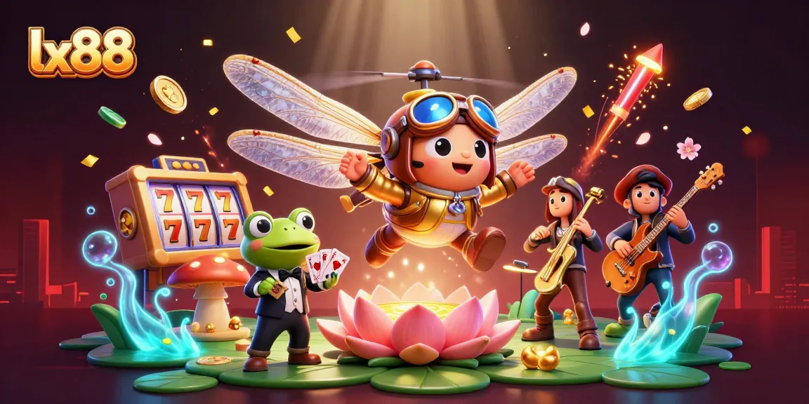 Spin winning slots at lx88 with our vibrant casino illustration featuring playful characters and dynamic gaming elements.
