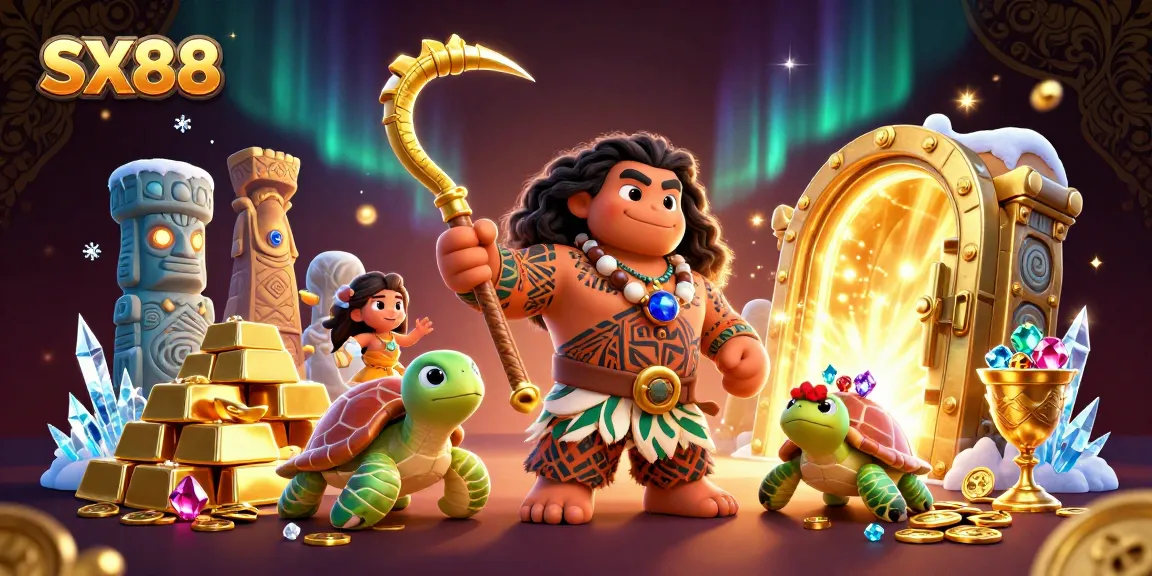 SX88 presents a vibrant 3D casino scene with a demigod and treasures, showcasing dynamic gambling action.