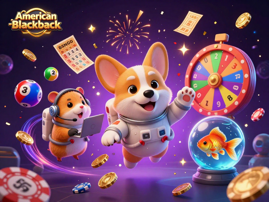 Witness the excitement of american-blackjack in this lively 3D casino scene with playful characters and dynamic elements.
