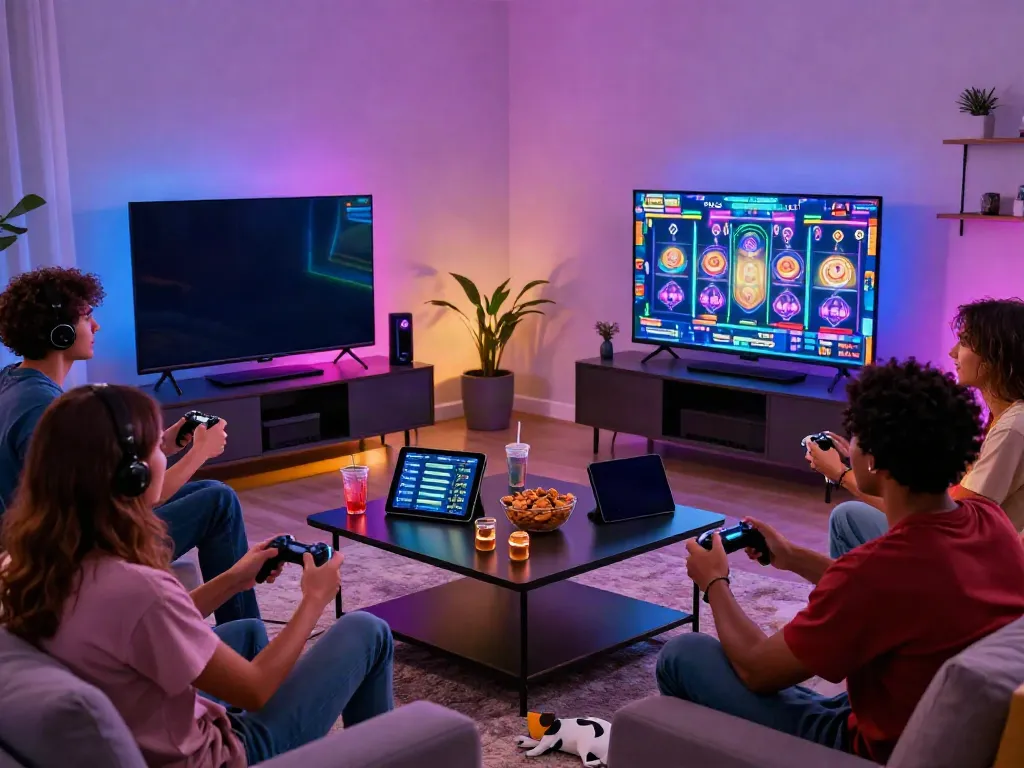 Group enjoying slot online games together in a cozy living room.