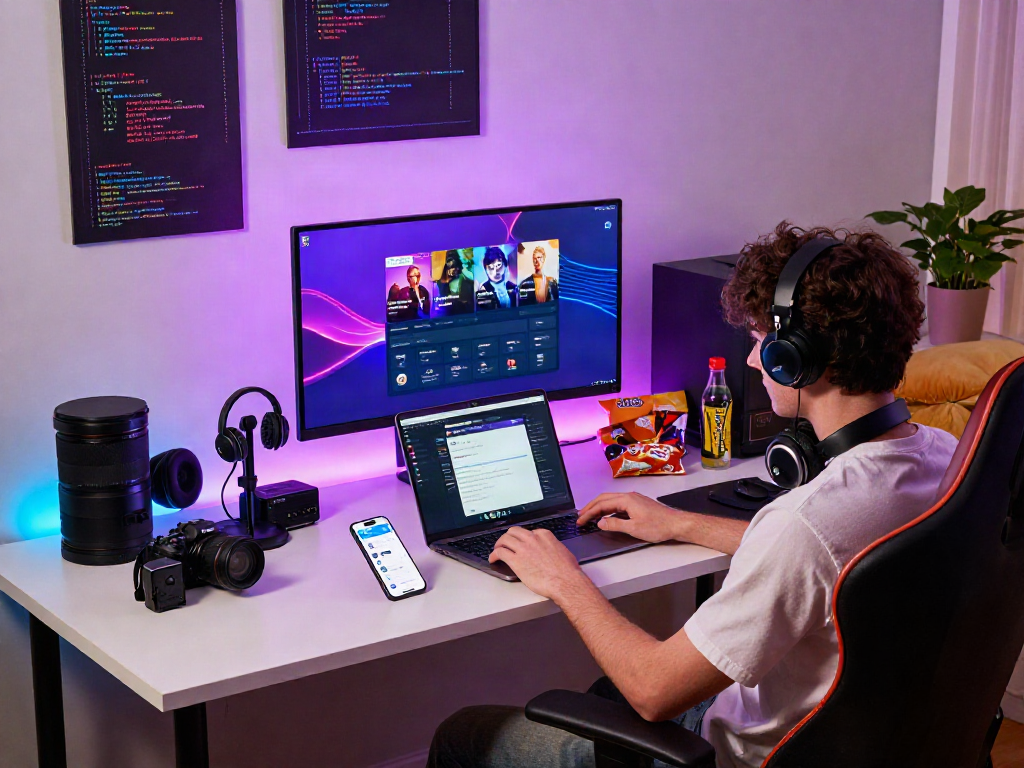 Pikashow APK download scene showcasing user in a dynamic digital entertainment workspace with streaming devices.