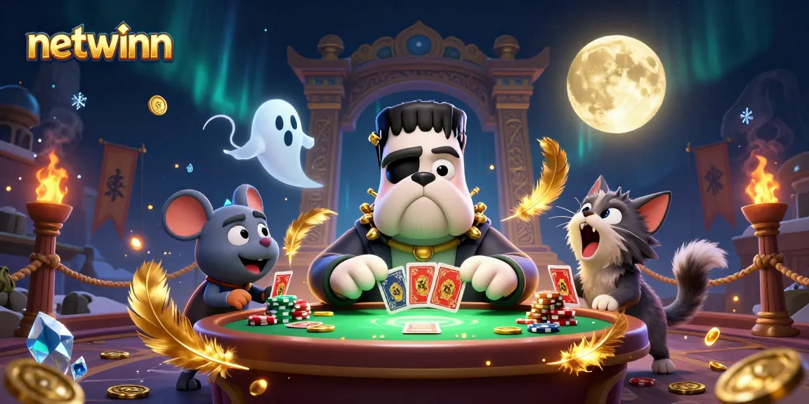 netwinn showcases a Frankenstein bulldog monster dealing cards at a spooky casino table