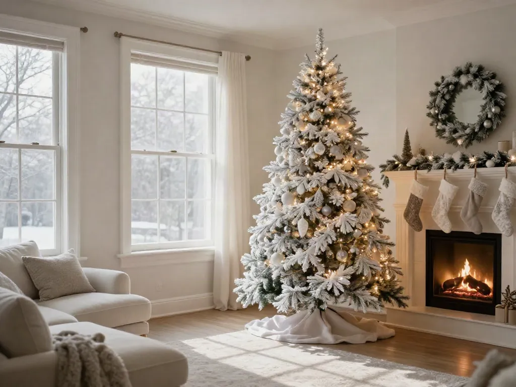 Decorated white Christmas tree with silver ornaments and lights in a cozy living room.