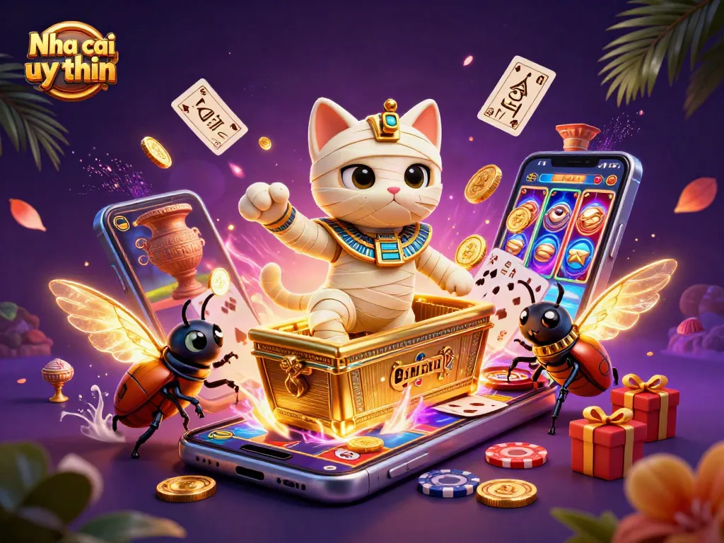 Nha cai uy tin showcases an Egyptian mummy cat in a casino, engaging gamblers in vibrant slot gaming.