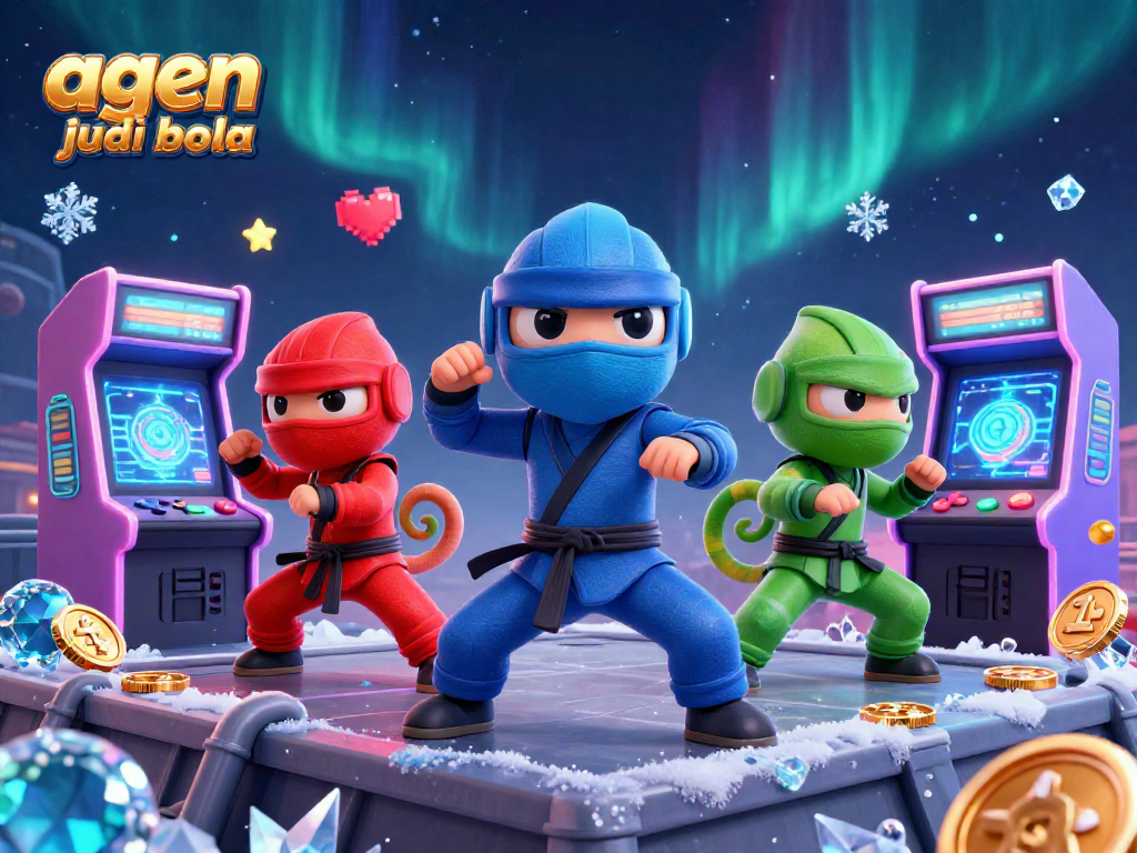 A dynamic scene of a 3D ninja chameleon team performing martial arts in a colorful arcade, themed for agen judi bola and casino gaming.