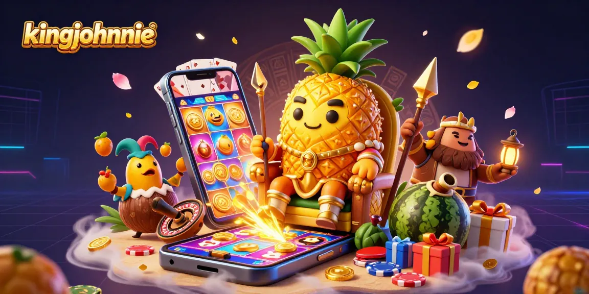 Engage with kingjohnnie's vivid casino scene featuring a golden pineapple king and dynamic game elements.