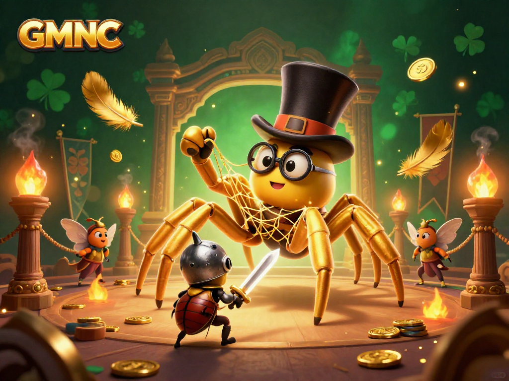 Experience thrilling gaming with GMNC as the golden tarantula weaves fortune in a vibrant casino.