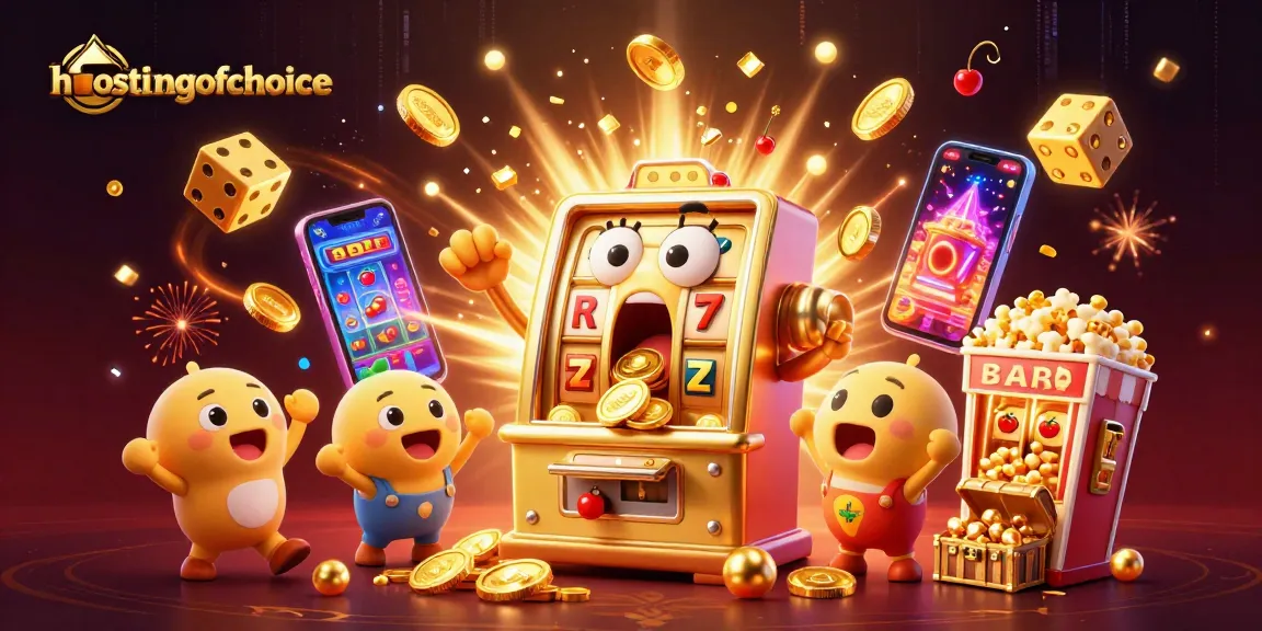Hostingofchoice showcases an explosive jackpot scene featuring a golden slot machine and exciting casino symbols.
