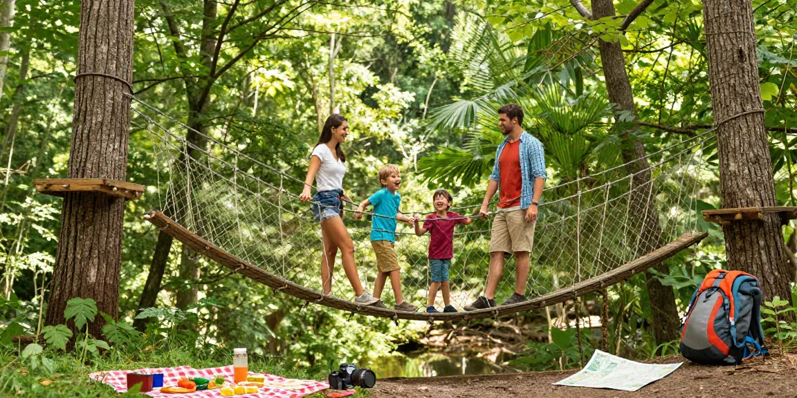 Family crossing a rope bridge during a fun outdoor adventure in a lush forest.