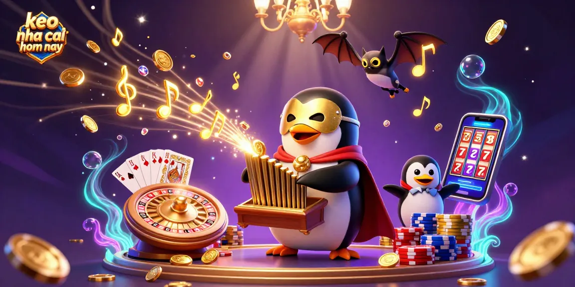 Engage with keo nha cai hom nay as a penguin organist plays, surrounded by dynamic casino elements.