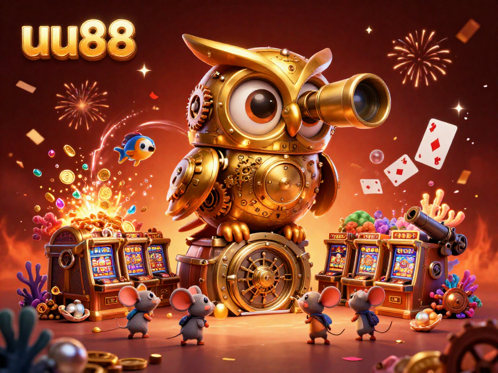 Experience the excitement of uu88 with a golden owl overseeing a bustling casino scene filled with treasures.
