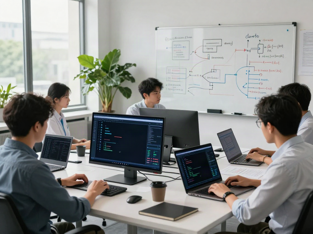 Team collaborating on AI inference metrics in a modern office.