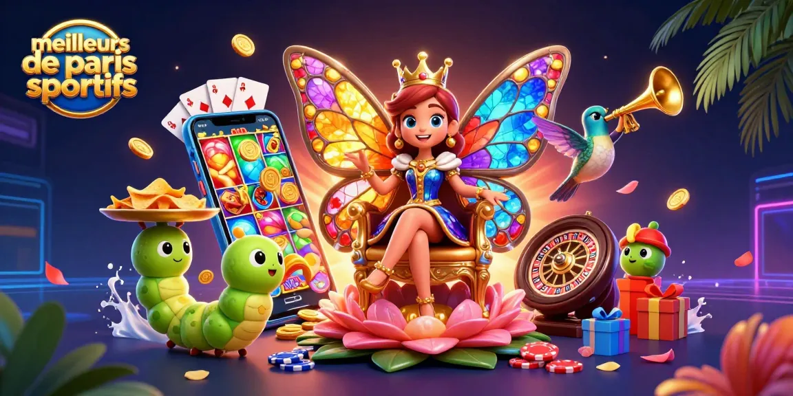 Explorez les meilleurs sites de paris sportifs avec une reine papillon et des éléments riches en couleur.