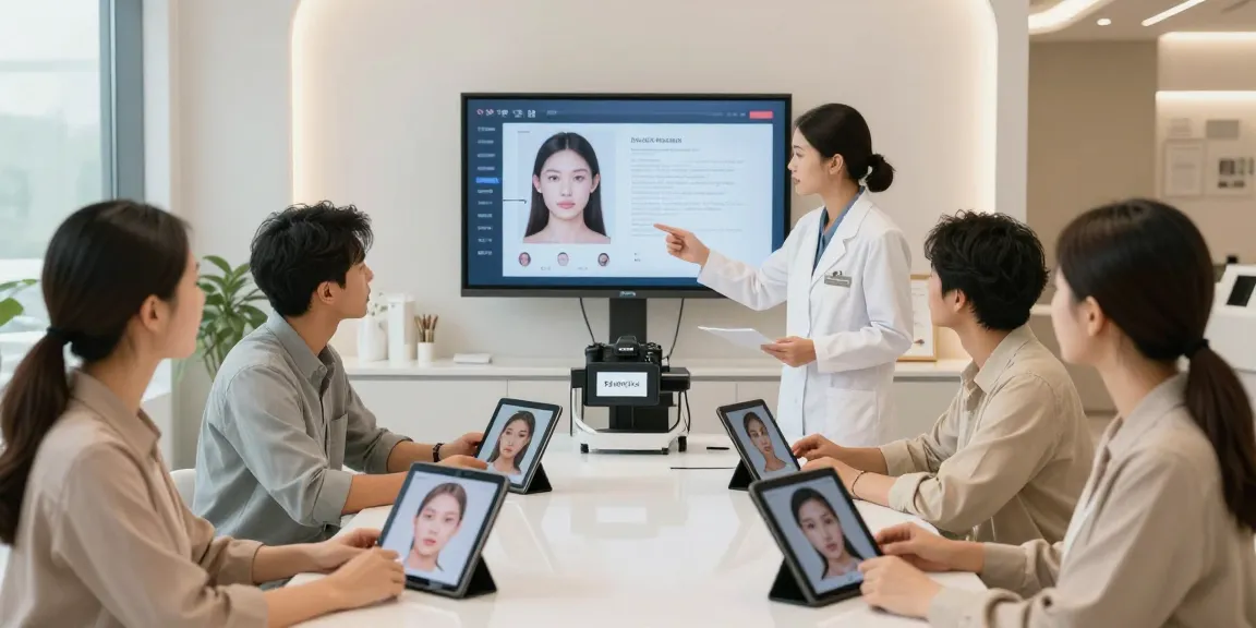 ClinicEvo vs QOVES facial analysis consultation showcasing diverse individuals reviewing assessments in a modern clinic.