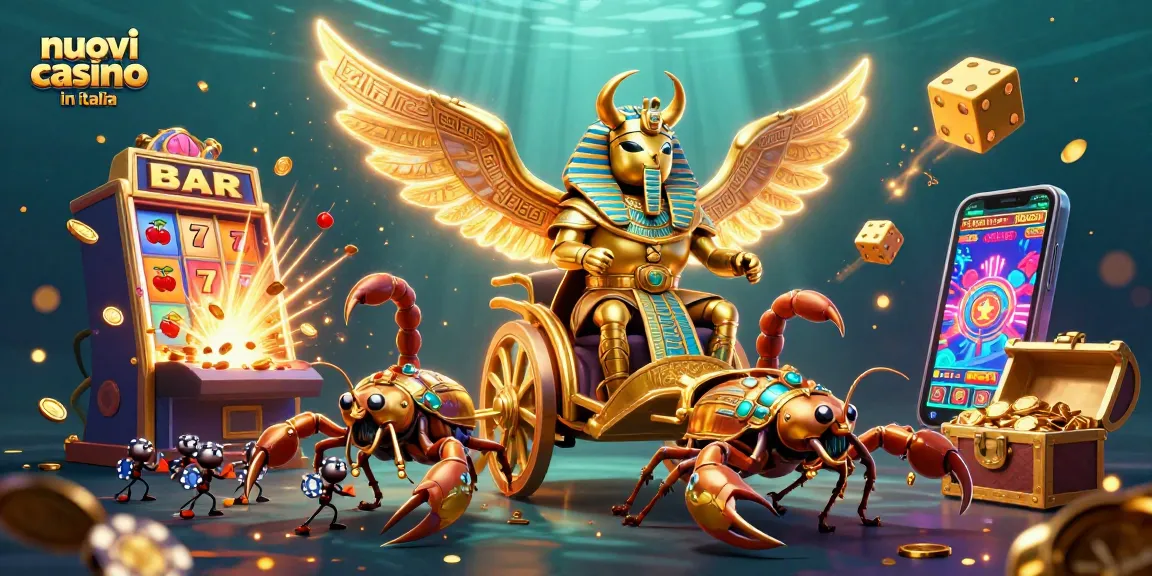 Gioca nei nuovi casino in Italia con un'illustrazione 3D di un scarabeo d'oro e simboli di gioco.