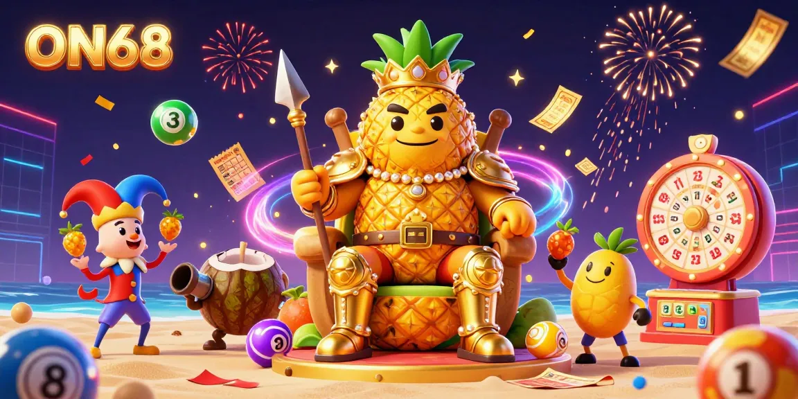 Engage with ON68's vibrant beach casino scene featuring a golden pineapple king, coconut warriors, and a jester, amidst lottery balls and prizes.