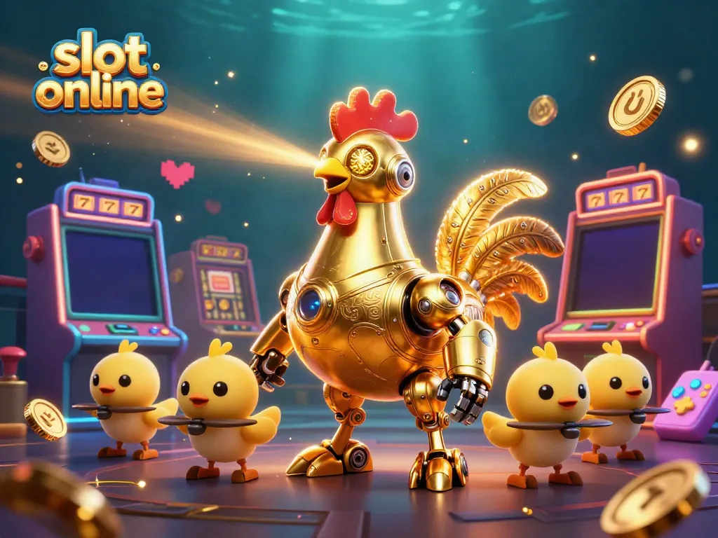 Experience the thrill of slot online with a vibrant 3D casino illustration featuring a golden rooster robot amidst colorful game machines.