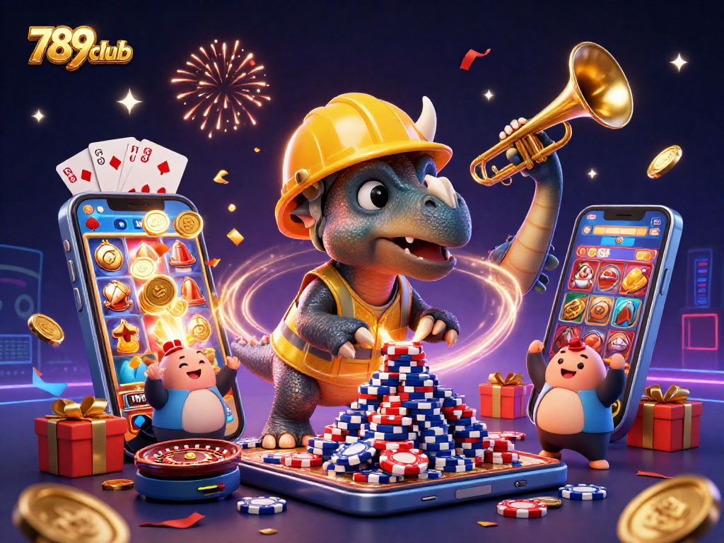 Experience the vibrant world of gambling with the exciting 789club, featuring animated characters celebrating a poker chips pyramid.