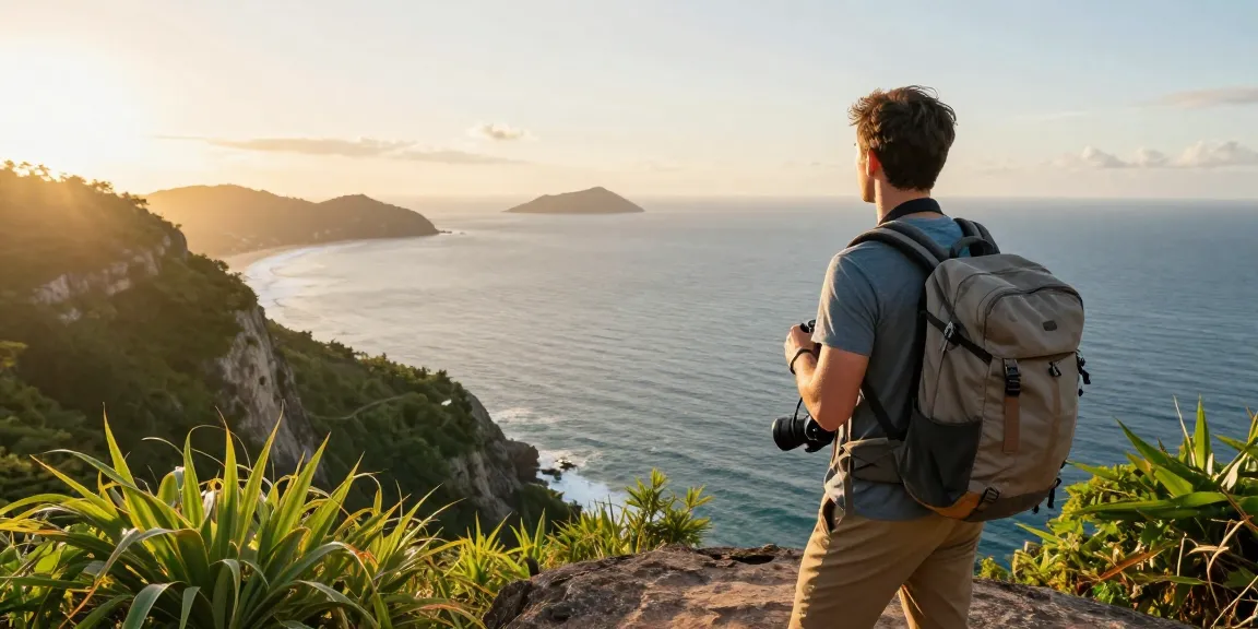 A traveler at a stunning viewpoint with NAGA2000 backpack, enjoying an adventurous sunset view overlooking the ocean.