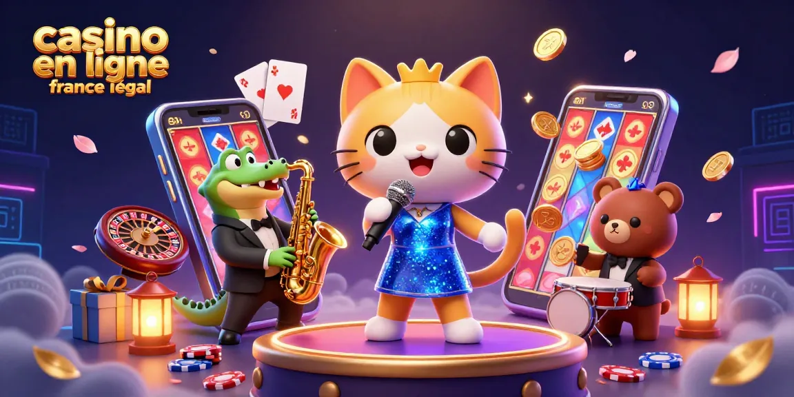 Le casino en ligne légal en France présente une scène vibrante avec un chat chanteur, un crocodile et un ours dans un univers ludique.