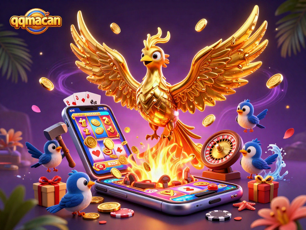 Experience the thrilling qqmacan gaming scene with dynamic slot games, golden visuals, and energetic characters.