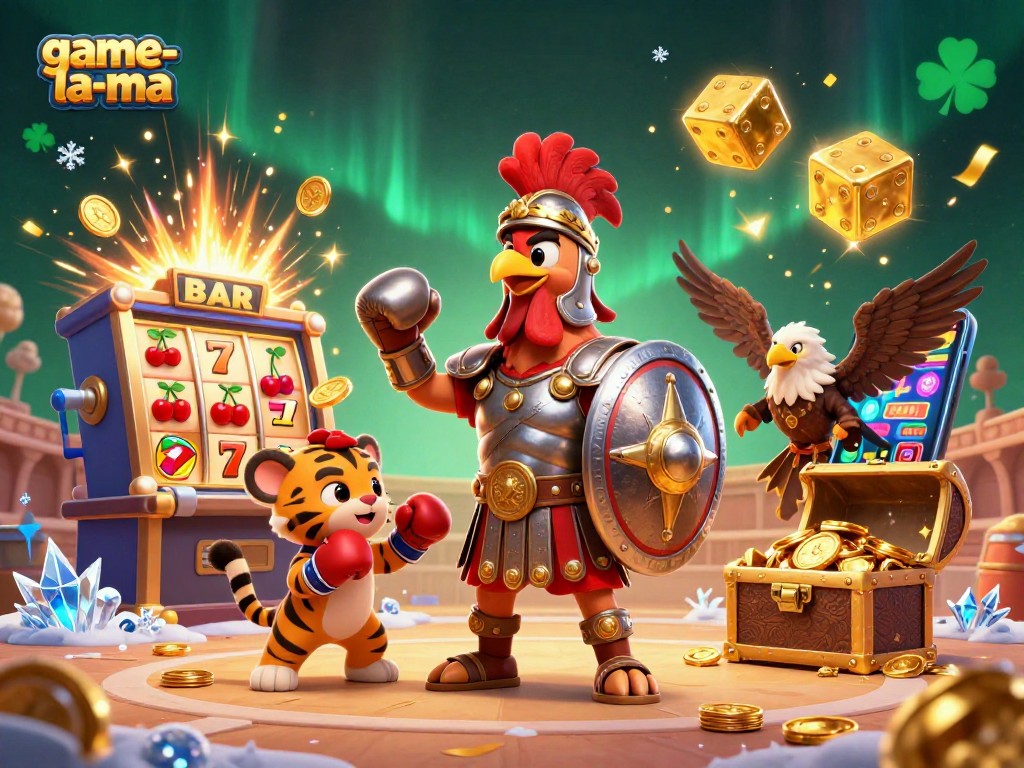 Experience winning thrills at game-la-ma with a 3D gladiator rooster amidst vivid casino action.