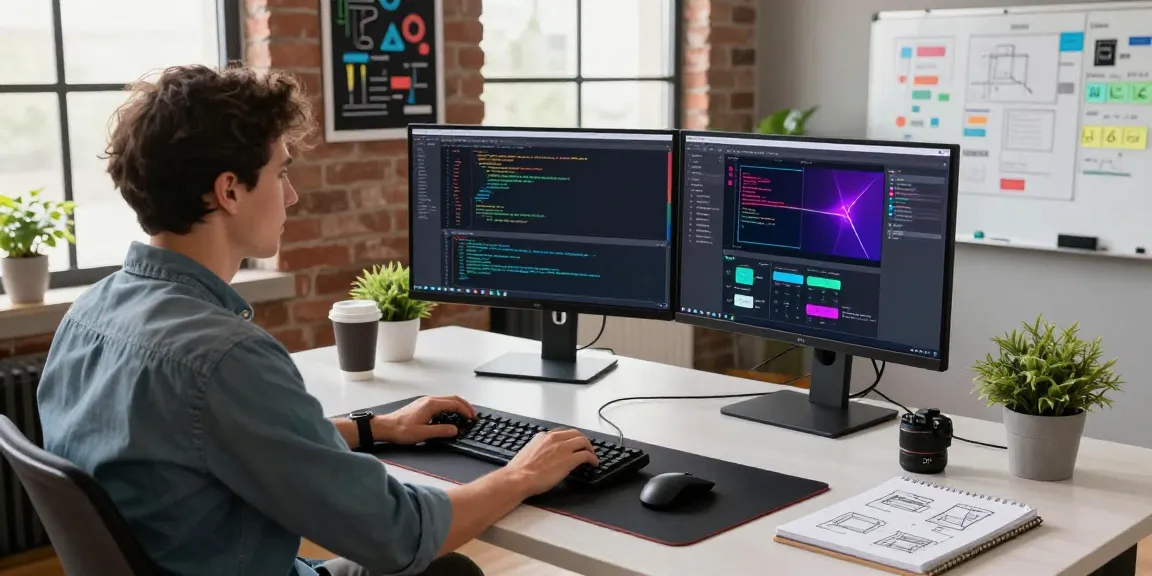 Developer at https://www.bdtjl.app/ workspace showcasing modern tech setup featuring dual monitors, coding environment, and vibrant office.