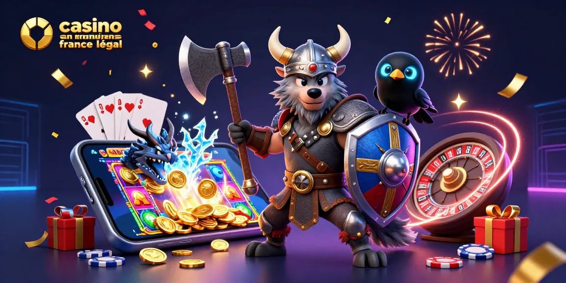 Illustration dynamique "casino en ligne en France légal" avec un guerrier loup viking et un dragon, enrichie de jeux et de jetons.