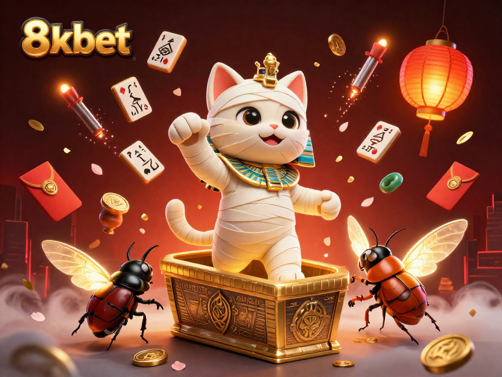 Experience the thrill of 8xbet with a mummy cat and a scarab beetle in a vibrant casino