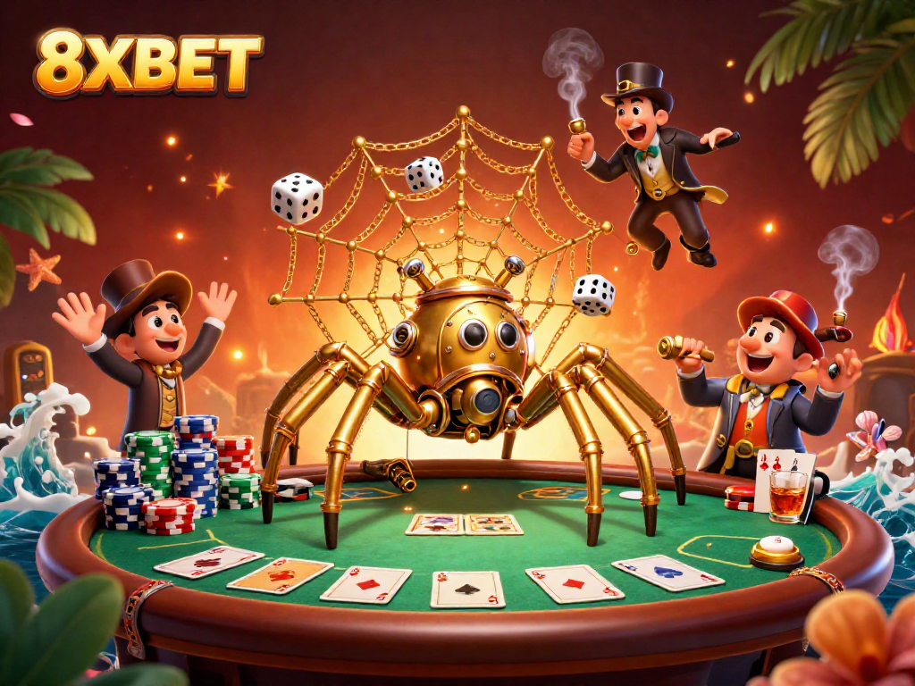 8XBET captivates players with a dynamic 3D casino scene filled with poker elements and lively interactions.