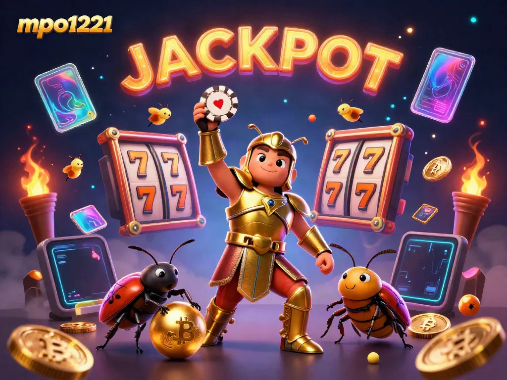 Engage with mpo1221 by winning big in a vibrant 3D casino scene featuring a heroic beetle.