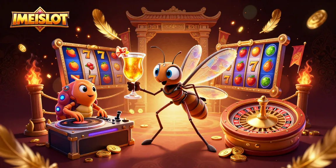 Action-packed scene of IMEISLOT featuring a mosquito mascot, trilobite DJ, and golden roulette.