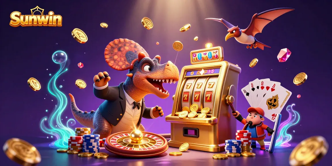 Sunwin offers a thrilling experience as a pachycephalosaurus hits a golden slot machine amidst a flurry of gold coins and excitement.
