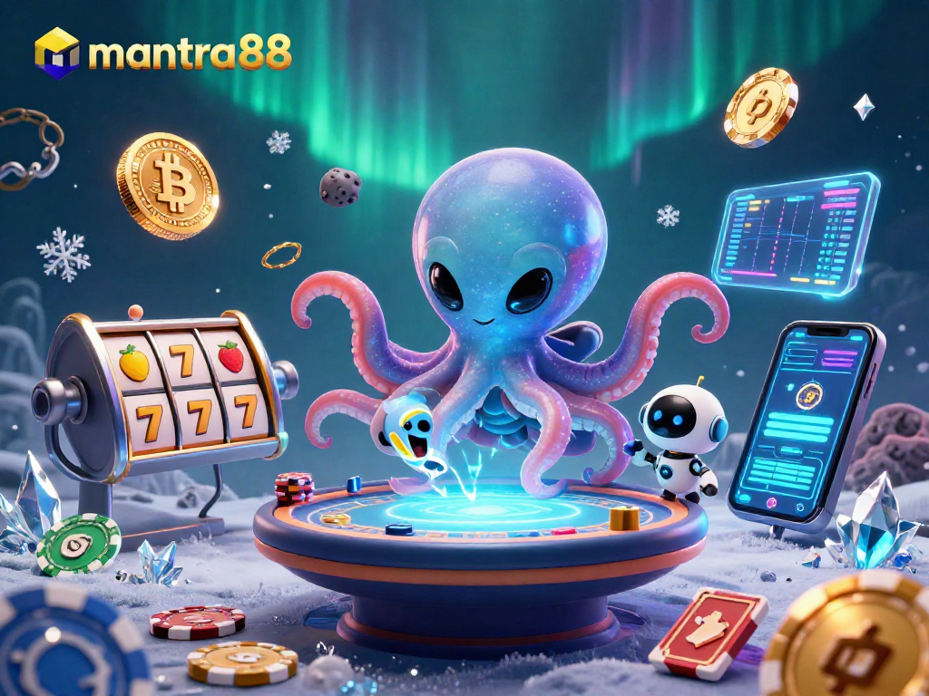 Experience thrilling games at mantra88 with an alien octopus operating a holographic poker table amidst vibrant casino elements.