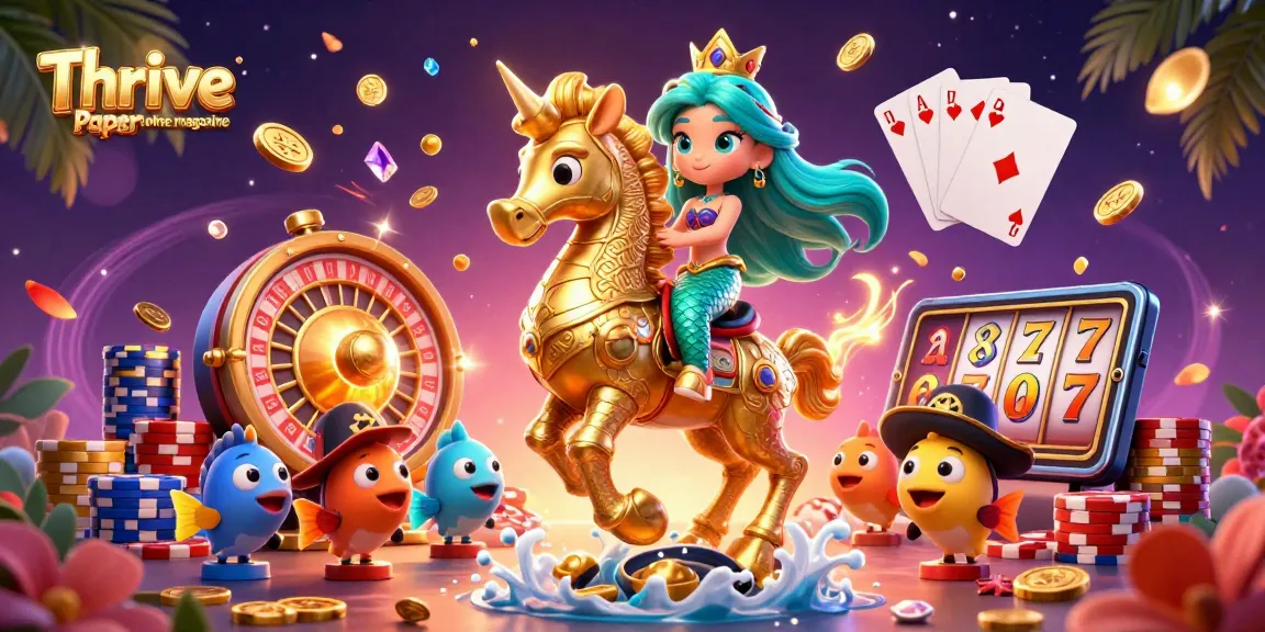 Engage with Thrive Paper online magazine's vibrant casino experience featuring colorful characters, coins, and game elements.