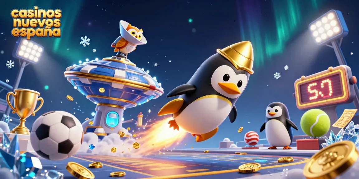 Ilustra casinos nuevos en España con un pingüino dorado y elementos de juego en el espacio.