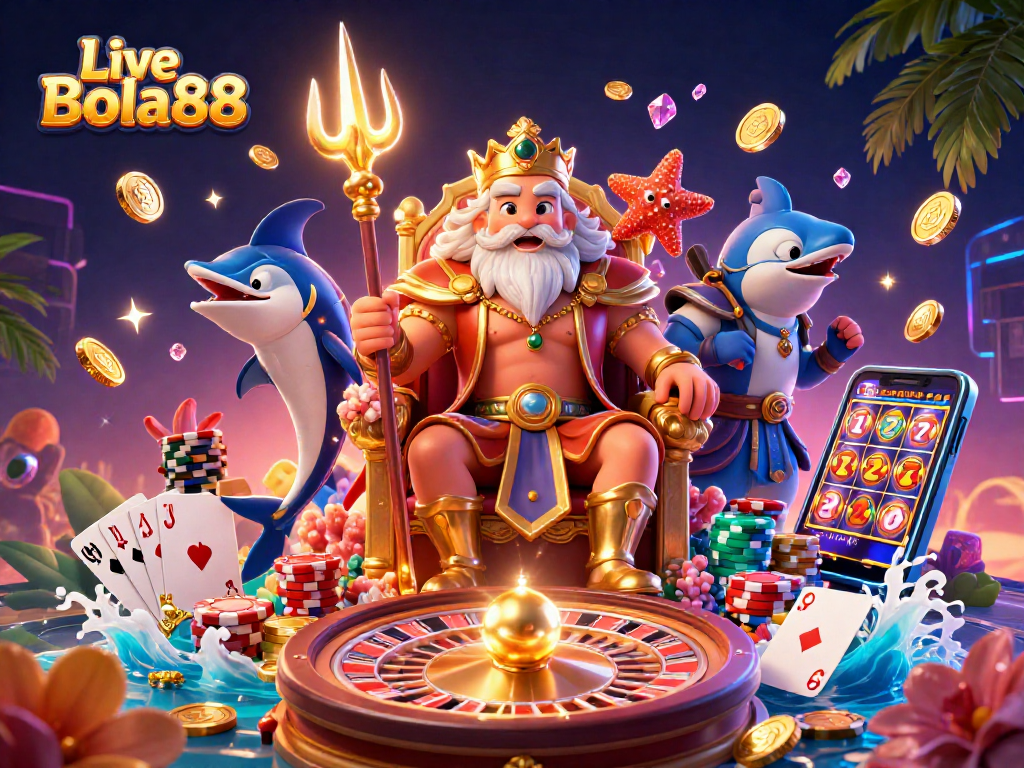 Play and win big with Live Bola88's vibrant 3D casino illustration featuring exciting gaming elements.