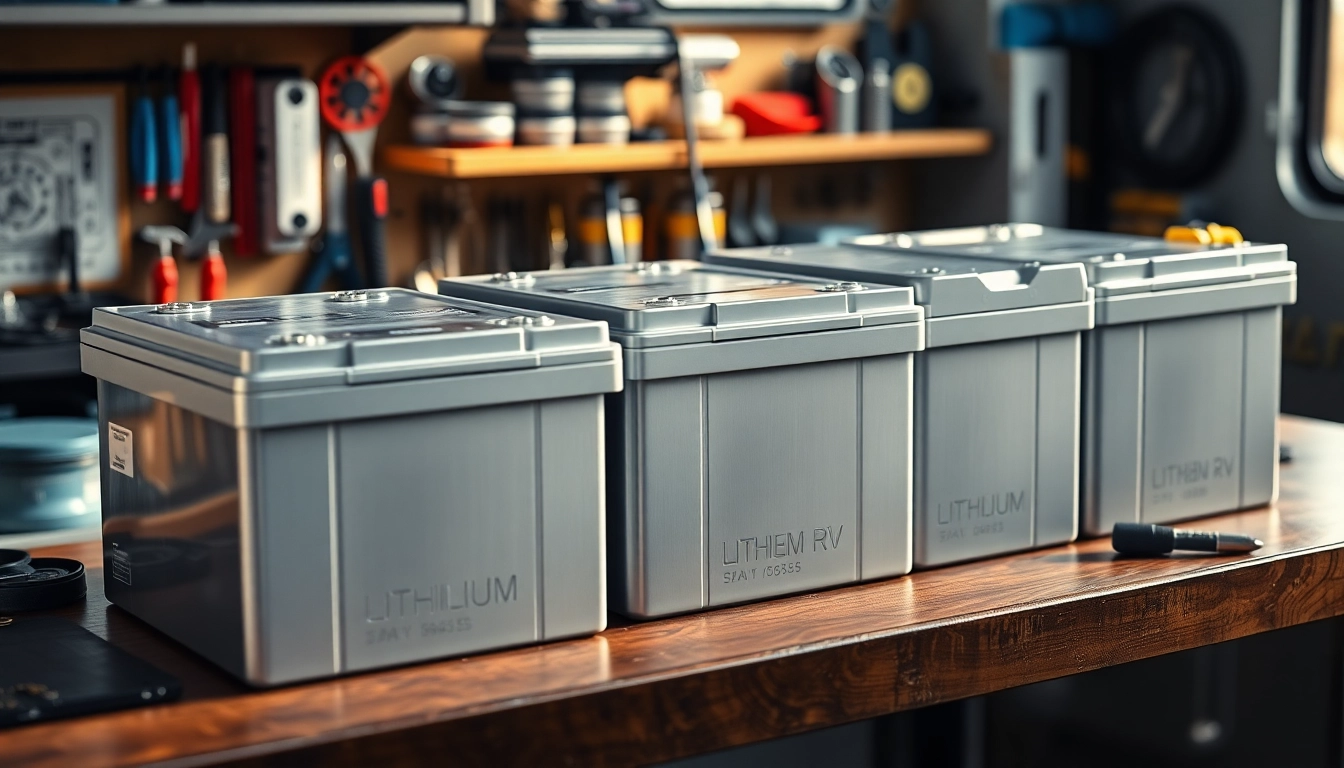 Highlighting lithium RV batteries with a focus on their design and functionality at an RV maintenance setting.