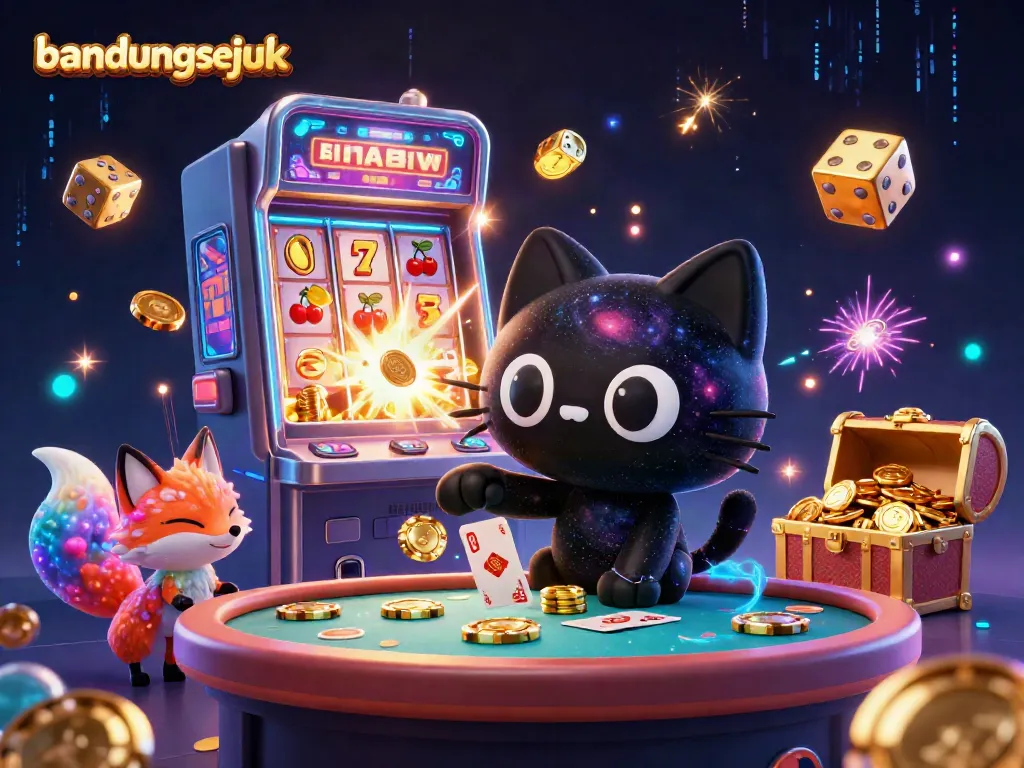 Engage with bandungsejuk's cosmic casino adventure featuring a magical black hole cat and vibrant elements.