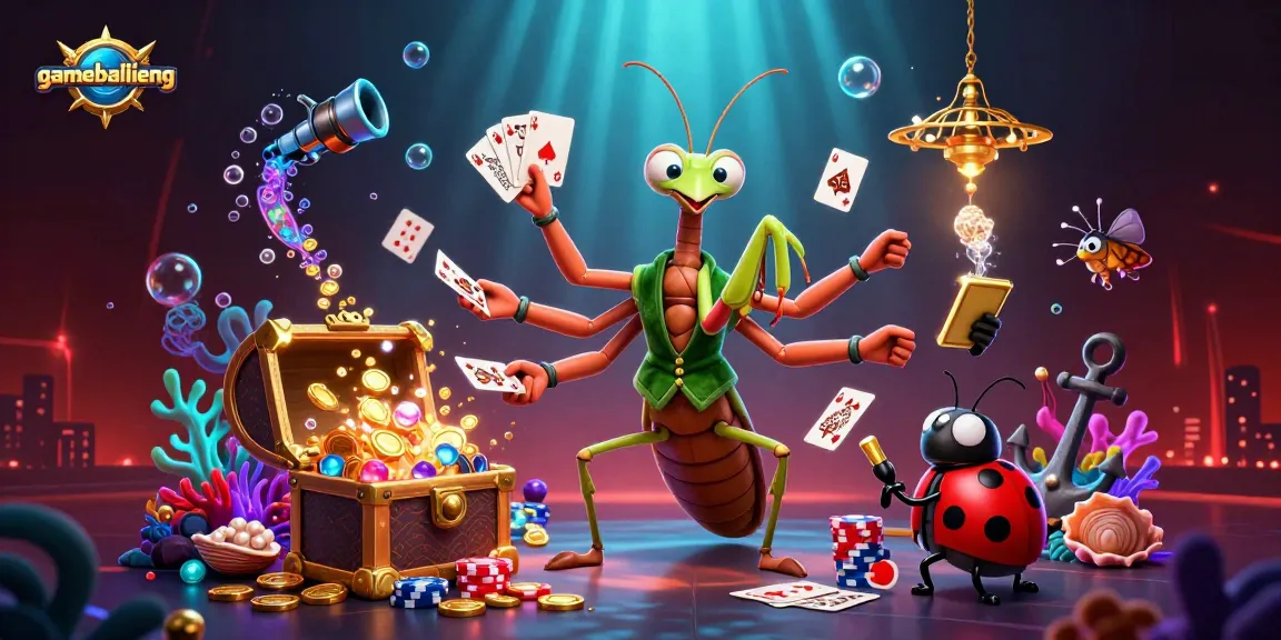 Experience strategic gameplay in gamebailieng while a giant mantis shuffles cards with immersive 3D art.