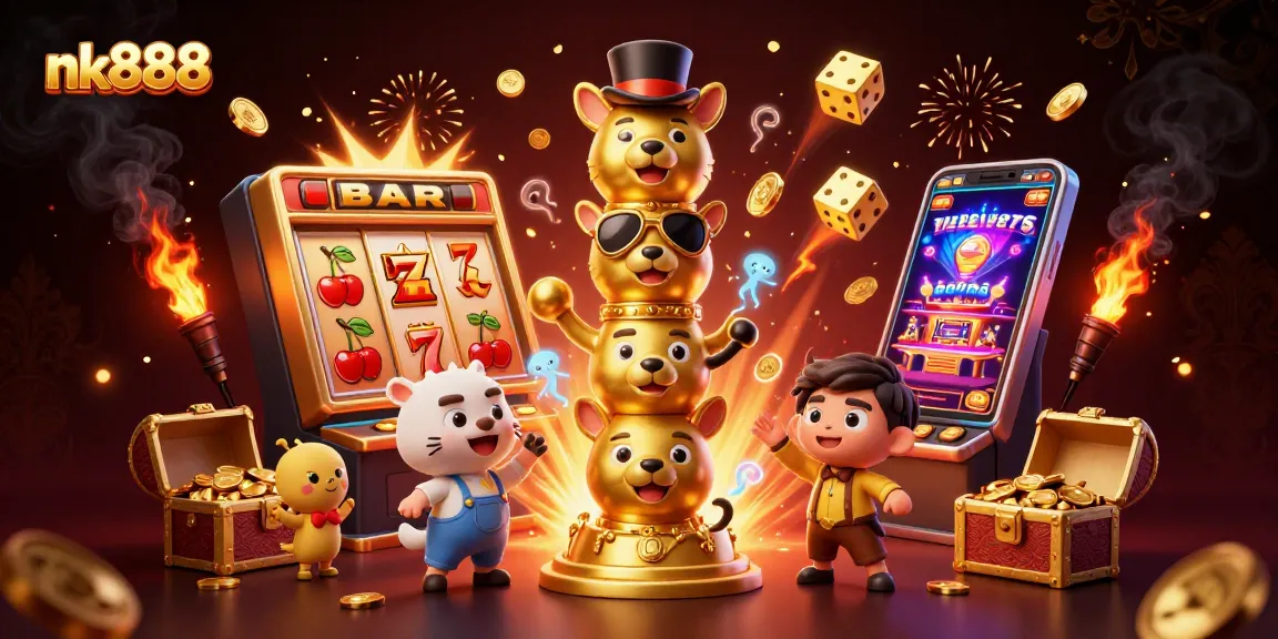 Experience thrilling gameplay with nk888's vibrant casino world featuring a golden totem and slot machine.
