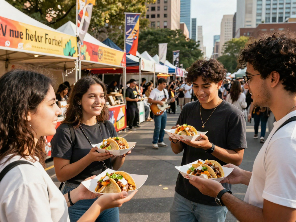 Group of friends discovering this vibrant food festival with gourmet dishes.
