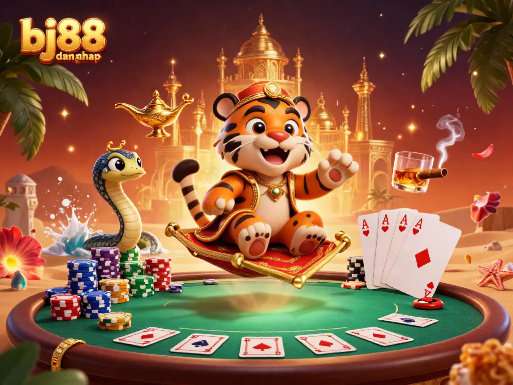 Engage in thrilling gameplay at bj88 dang nhap with a vibrant and dynamic casino-themed illustration featuring a tiger sultan and golden palace backdrop.